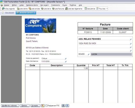 Une facture de Ciel Facturation Facile