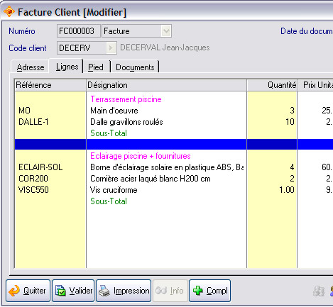 Lignes d'une facture d'ApiSoft Gestion Commerciale Huit