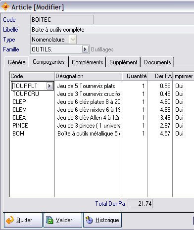 Nomenclature d'un article dans Apisoft gestion commerciale huit