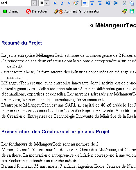 La prsentation du projet dans Ciel Business Plan