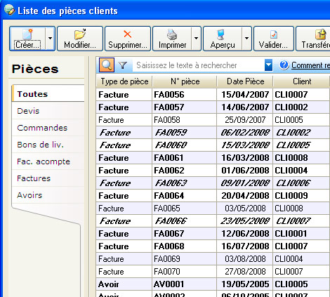 Liste des pices clients de Ciel Gestion Commerciale