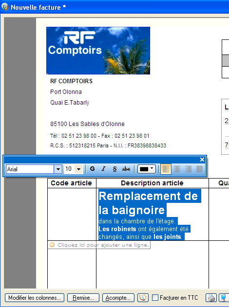 Changement de la police de caractres et de la couleur d'une description d'article dans une facture