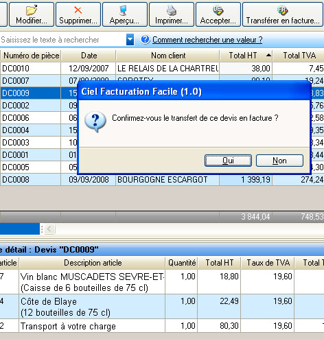 Transfert d'un devis en facture avec Ciel Facturation Facile 2008