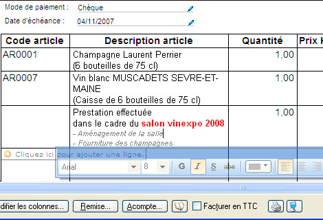 Saisie directement dans la facture  l'cran