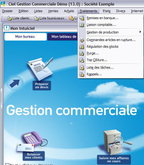 menu traitements dans ciel gestion commerciale volution 2007