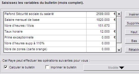 Ciel Paye 2007 : variables du bulletin de salaire