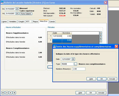 TEPA, la loi en faveur du travail, de l'emploi, et du pouvoir d'achat, prise en compte dans Ciel Paye * et Ciel Paye Evolution *: Enregistrement des heures supplmentaires (4)