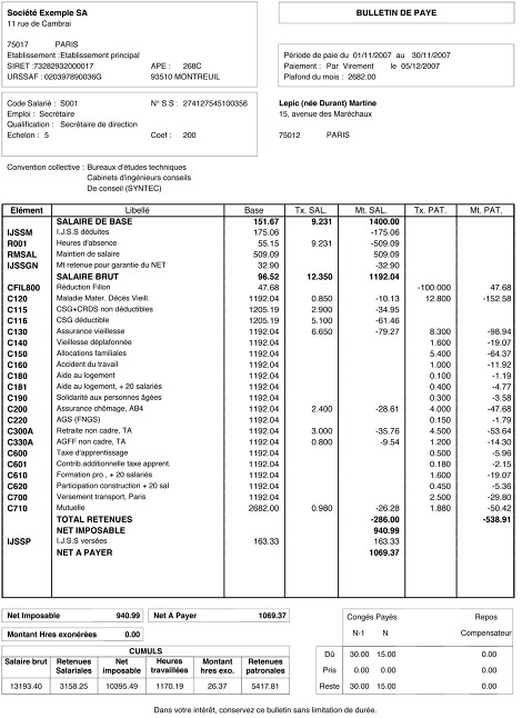 Bulletin de paye avec heures supplmentaires cr par Ciel Paye *