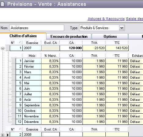 le dtail d'une fiche de prvision d'EBP Business Plan 2007