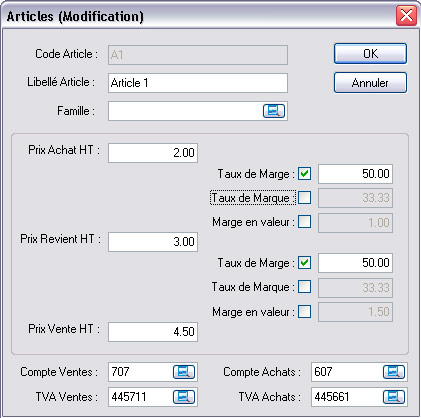 Fiche article avec prix d'achat et prix de vente