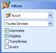 les filtres dans le volet de recherche d'ebp gestion commerciale 2007