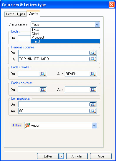 Publipostage en fonction de la classification client