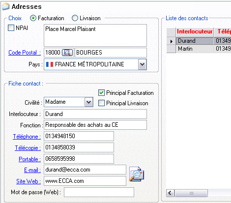 Fiche d'un contact dans EBP Gestion Commerciale *