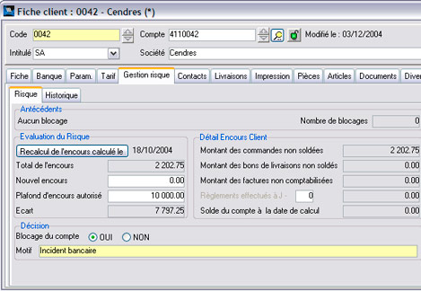Une fiche client avec la gestion du risque financier