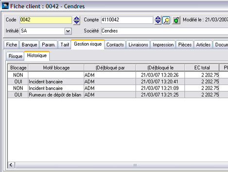 Une fiche client avec la gestion du risque financier